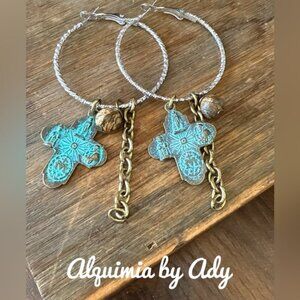 PATINA + Jasper Cross Shoulder‑Duster Hoops | Boho Tribal Statement